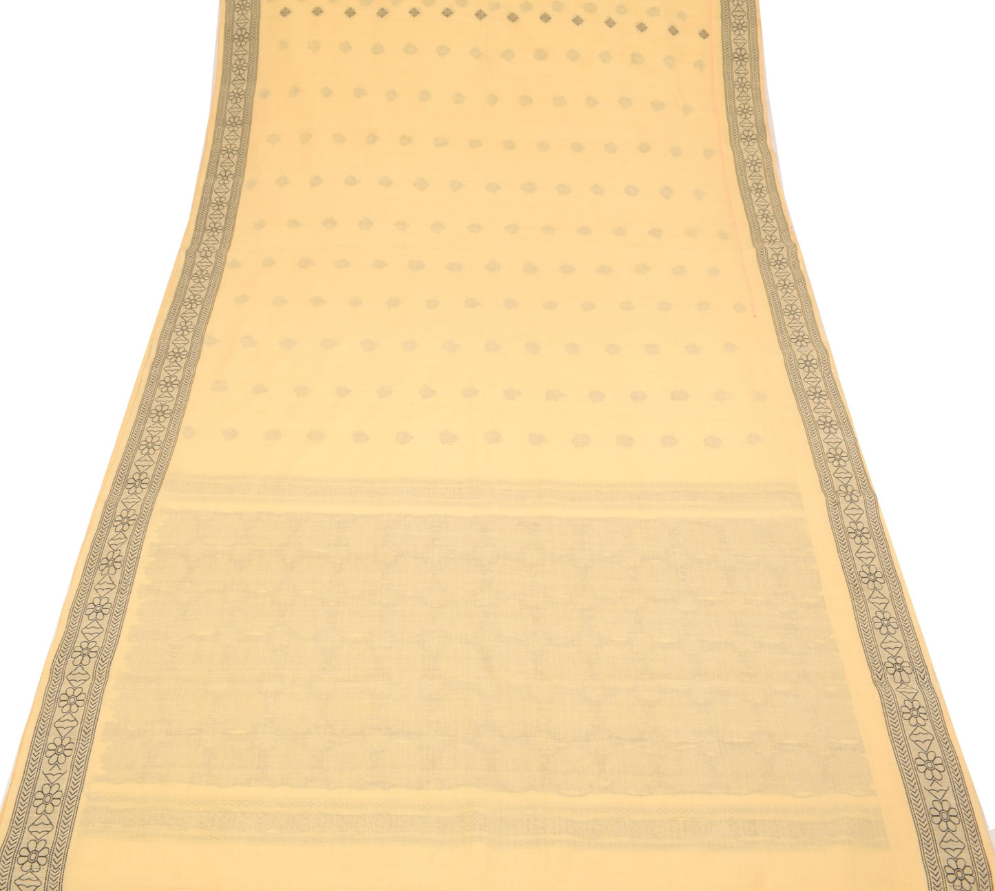 Sushila Vintage Light Yellow Saree 100%Pure Cotton Hand Woven Floral Sari Fabric