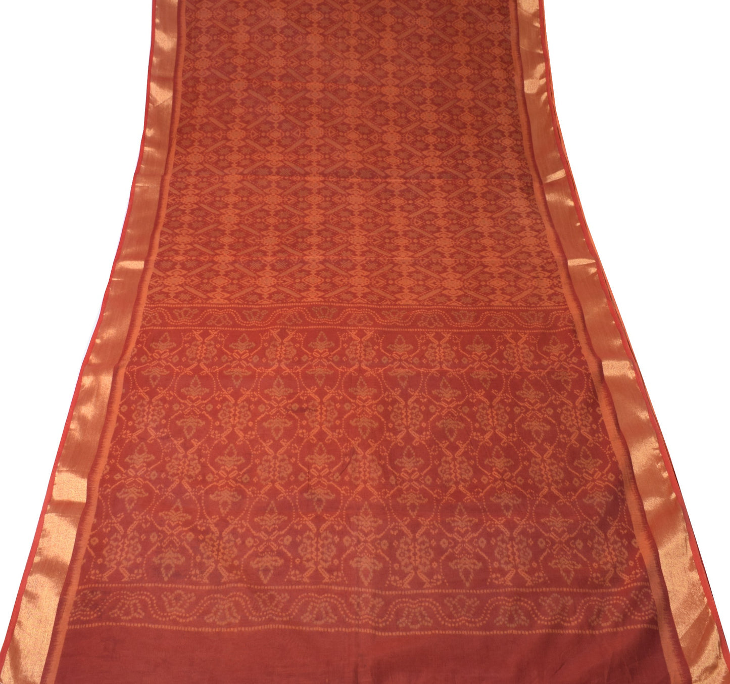 Sushila Vintage Dark Rust Saree Pure Cotton Printed with Zari Border Sari Fabric