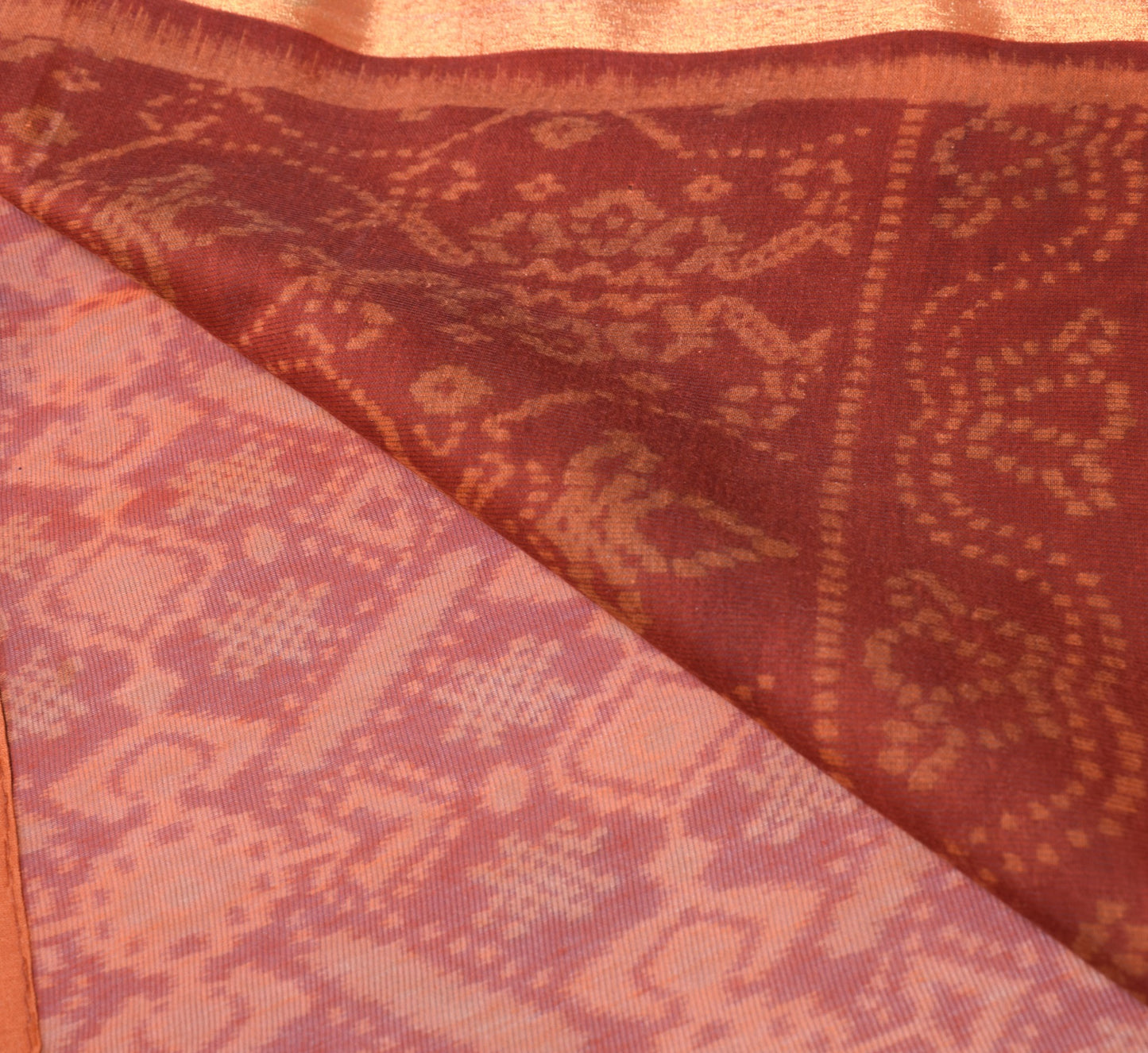 Sushila Vintage Dark Rust Saree Pure Cotton Printed with Zari Border Sari Fabric