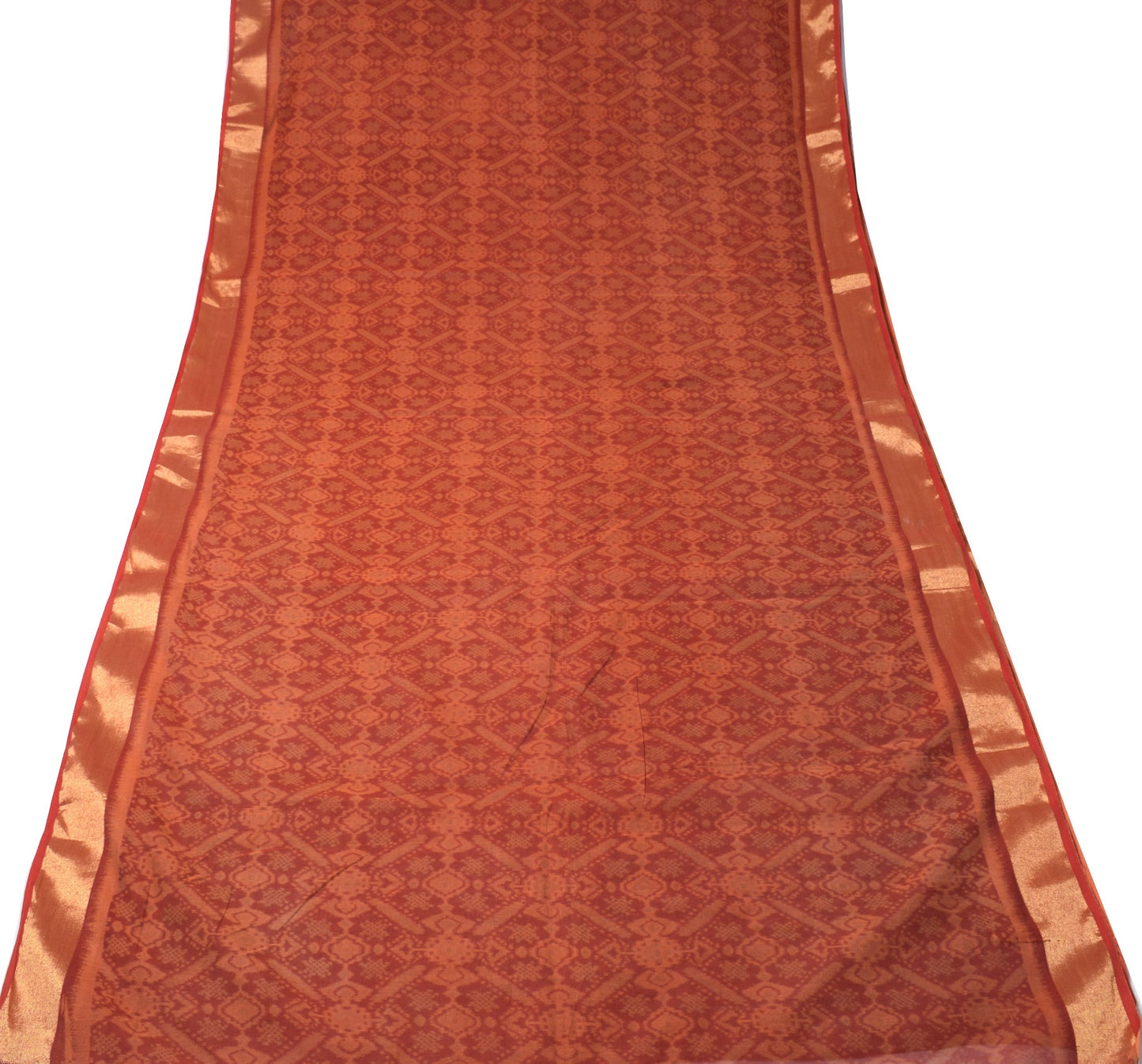 Sushila Vintage Dark Rust Saree Pure Cotton Printed with Zari Border Sari Fabric