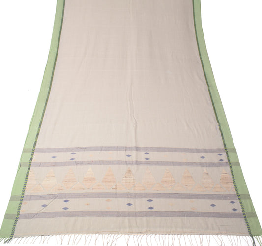 Sushila Vintage Handwoven Gray Saree Light Green Border Pure Cotton Sari Fabric