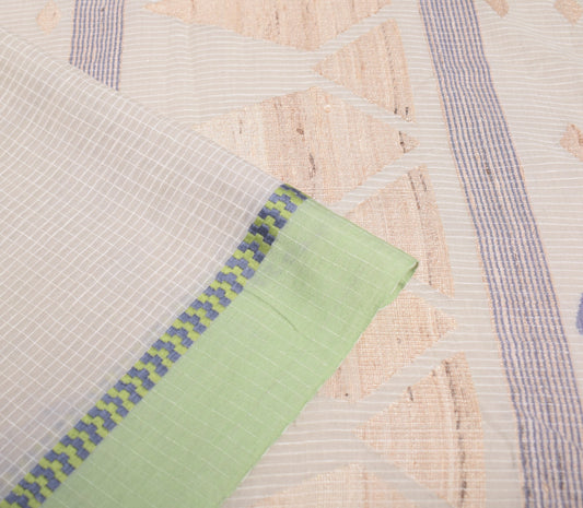 Sushila Vintage Handwoven Gray Saree Light Green Border Pure Cotton Sari Fabric