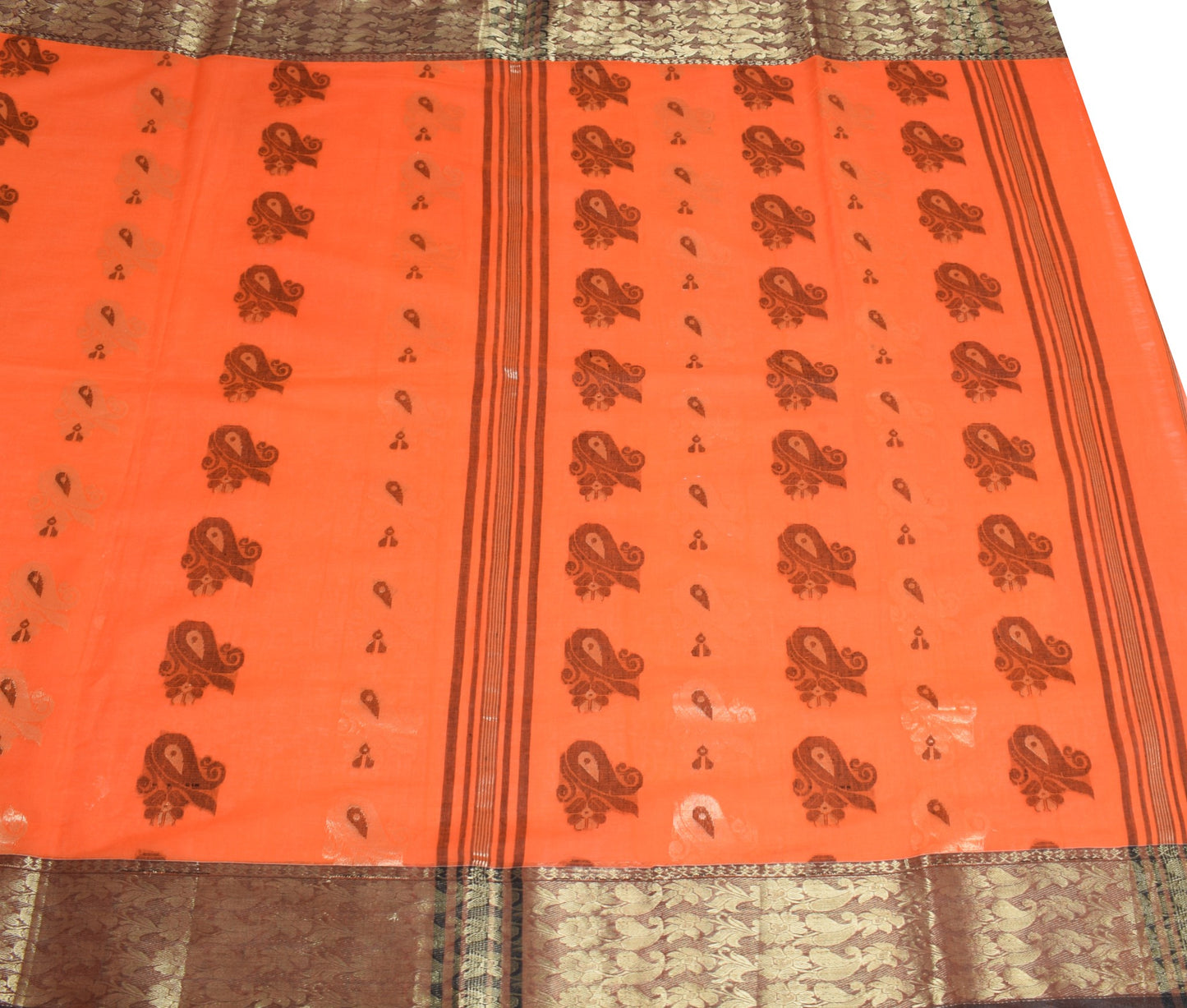 Sushila Vintage Orange Saree Pure Cotton Bengal Tant Woven Handloom Sari Fabric