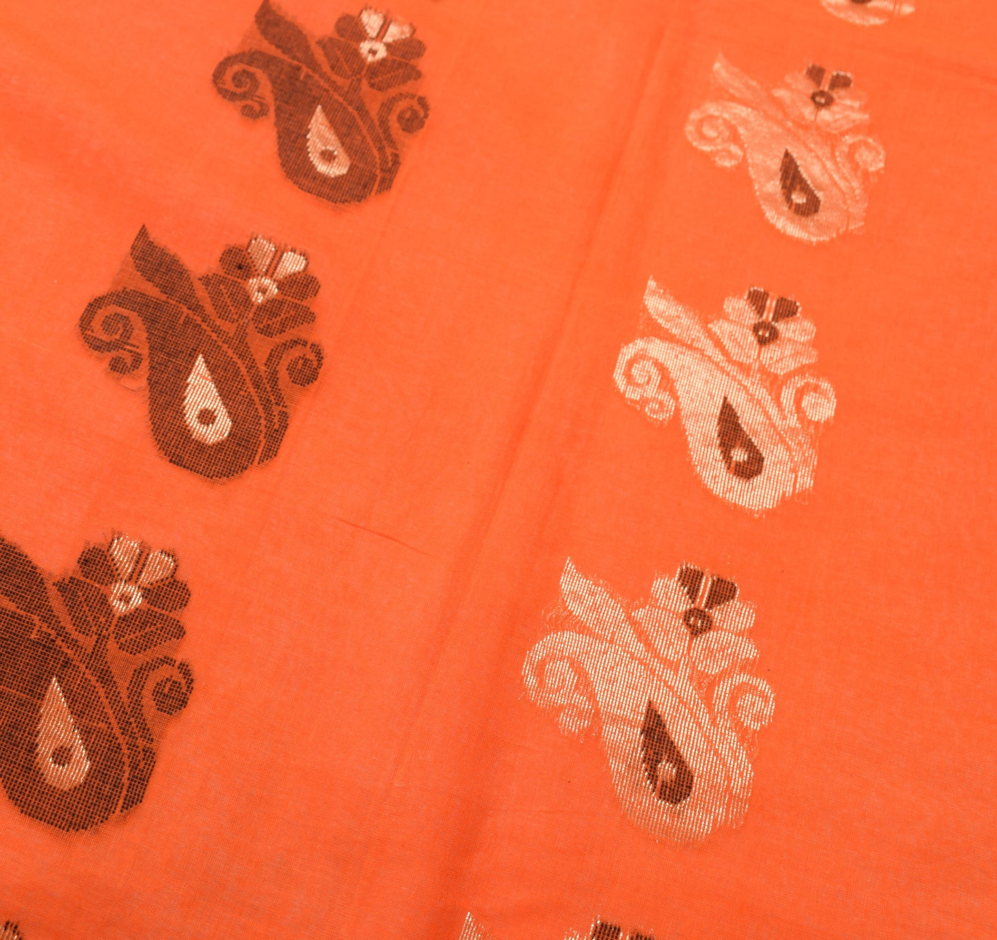 Sushila Vintage Orange Saree Pure Cotton Bengal Tant Woven Handloom Sari Fabric
