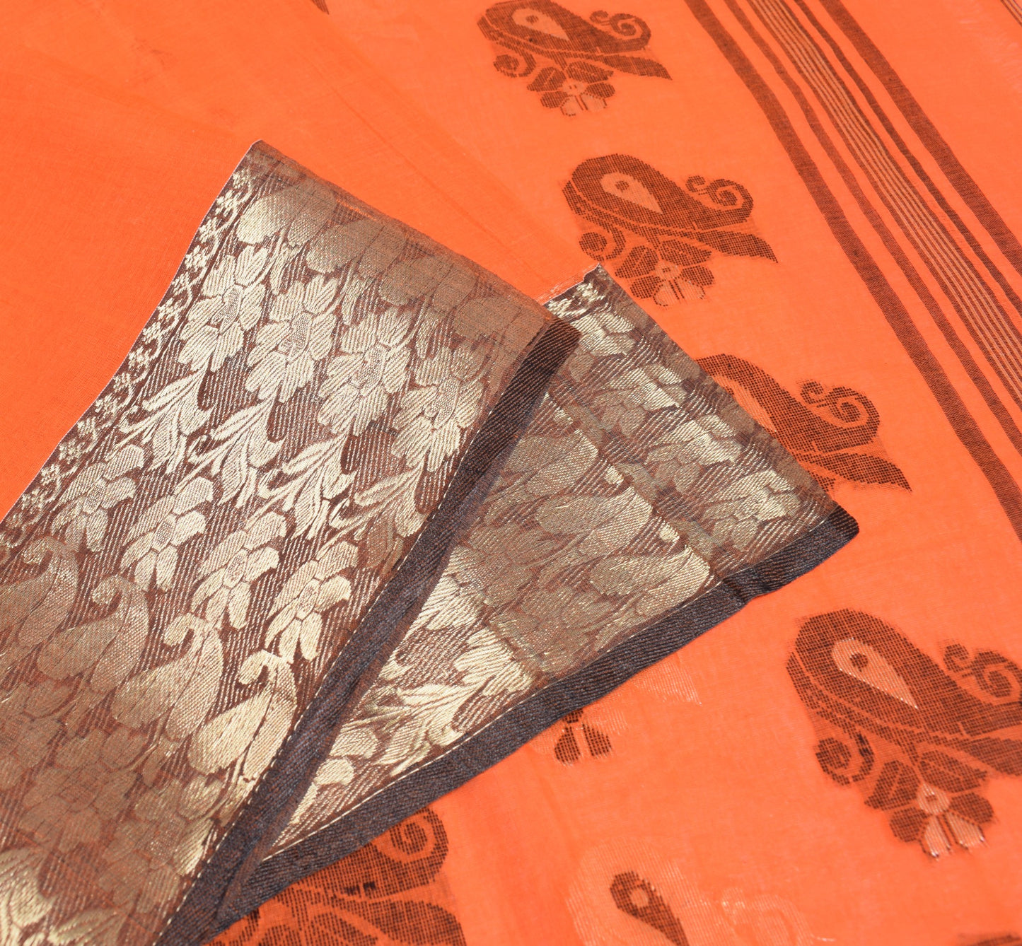 Sushila Vintage Orange Saree Pure Cotton Bengal Tant Woven Handloom Sari Fabric
