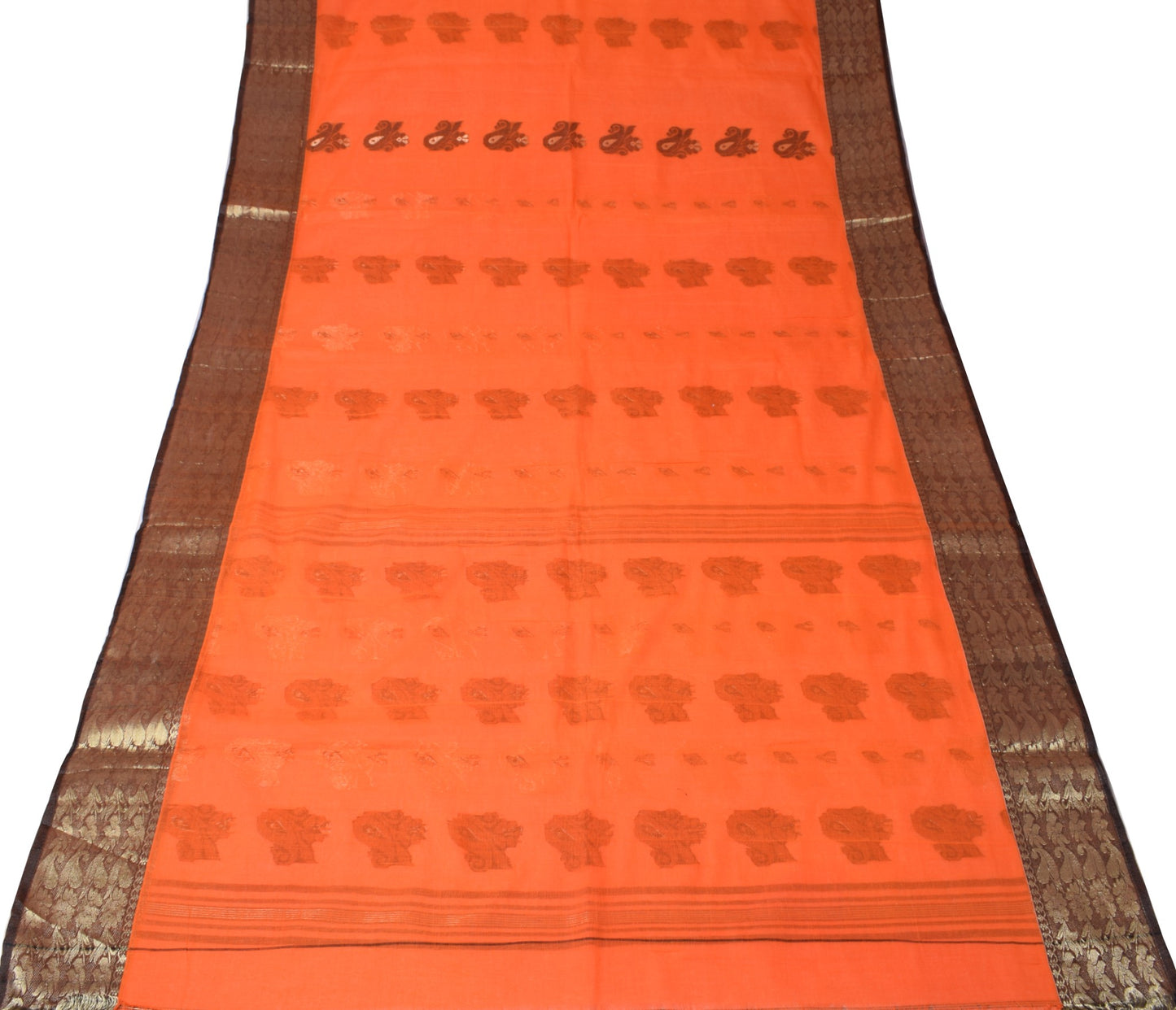 Sushila Vintage Orange Saree Pure Cotton Bengal Tant Woven Handloom Sari Fabric