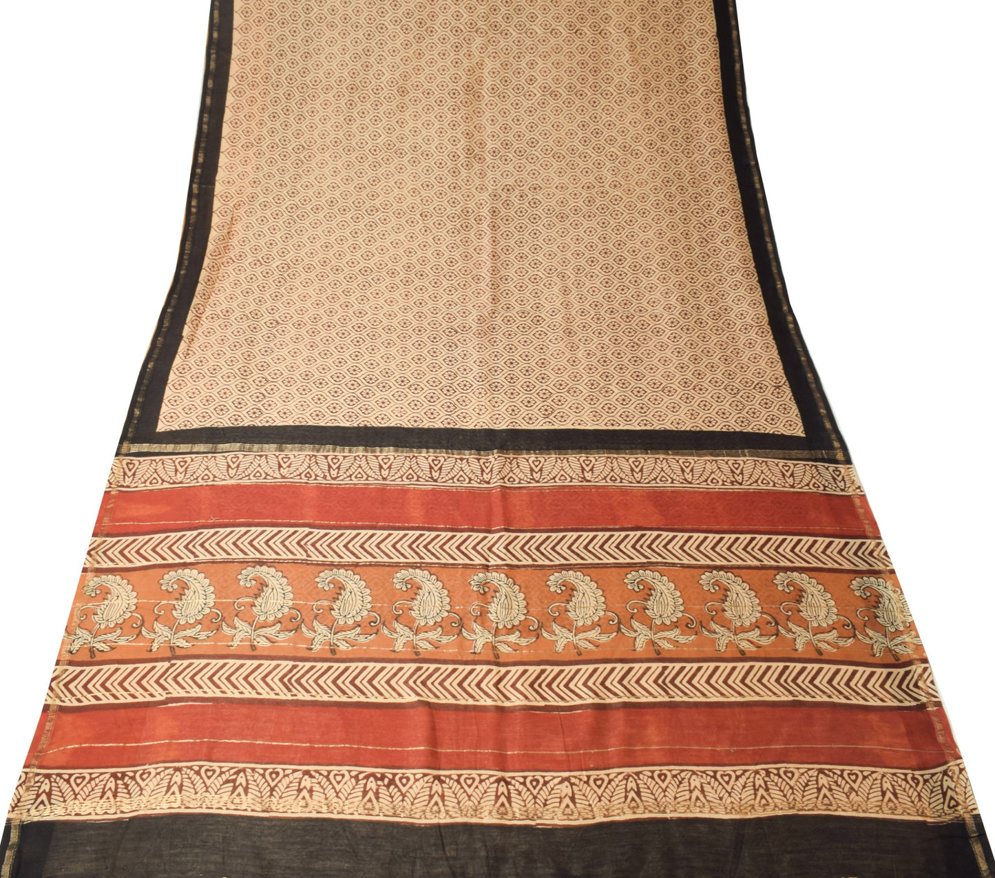 Sushila Vintage Pure Cotton Silk Saree Hand Black Printed Brown 5YD Sari Fabric