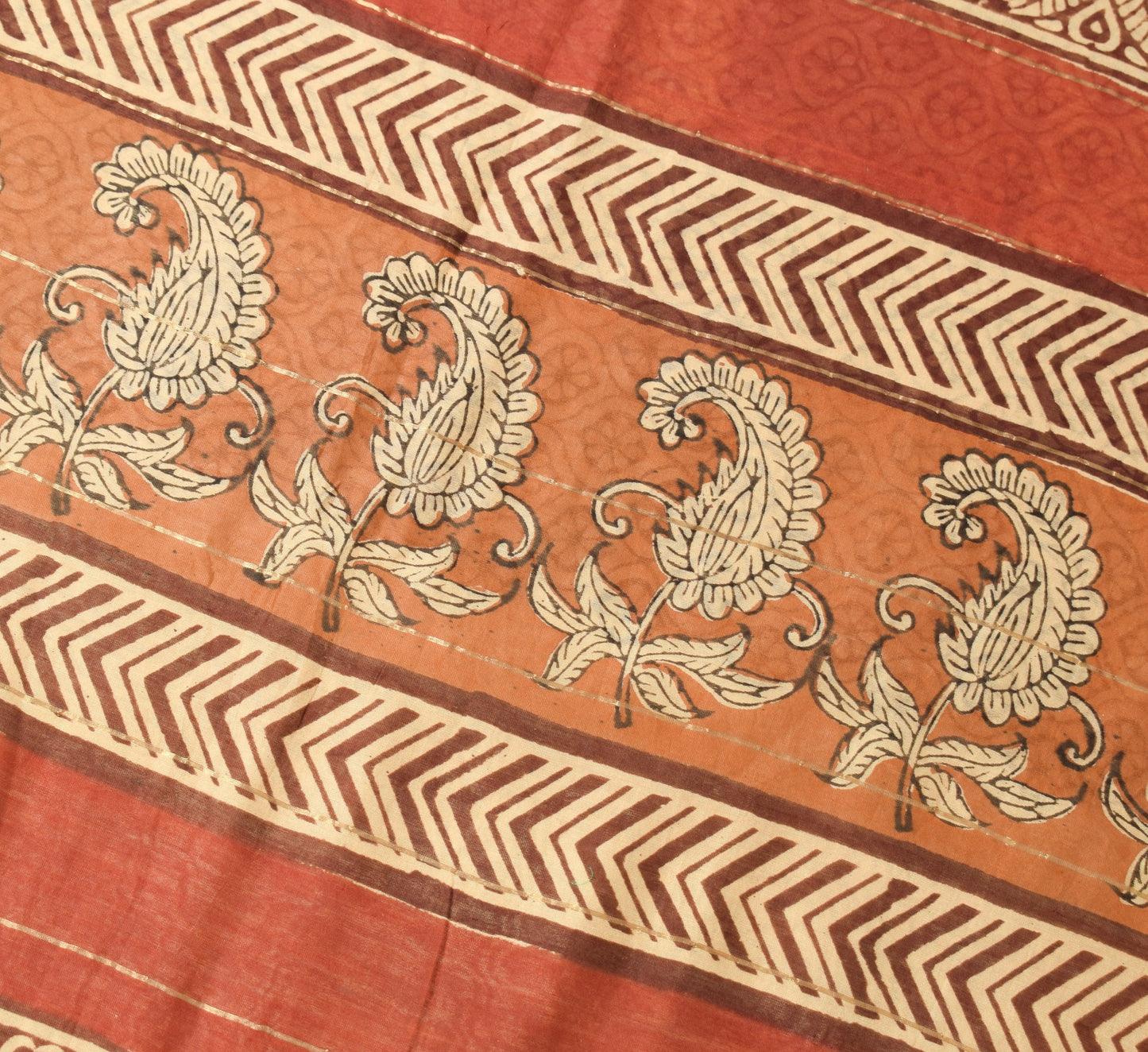 Sushila Vintage Pure Cotton Silk Saree Hand Black Printed Brown 5YD Sari Fabric