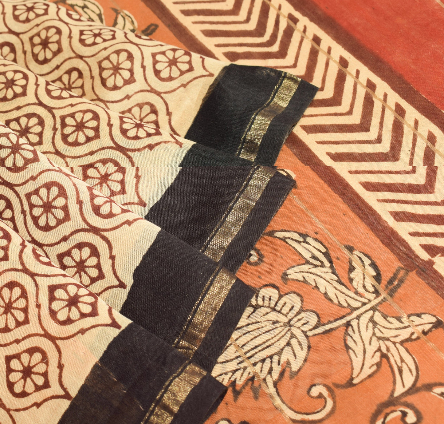 Sushila Vintage Pure Cotton Silk Saree Hand Black Printed Brown 5YD Sari Fabric