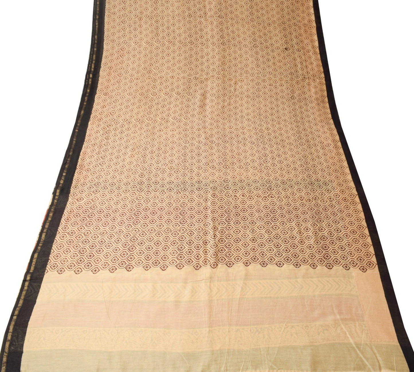 Sushila Vintage Pure Cotton Silk Saree Hand Black Printed Brown 5YD Sari Fabric