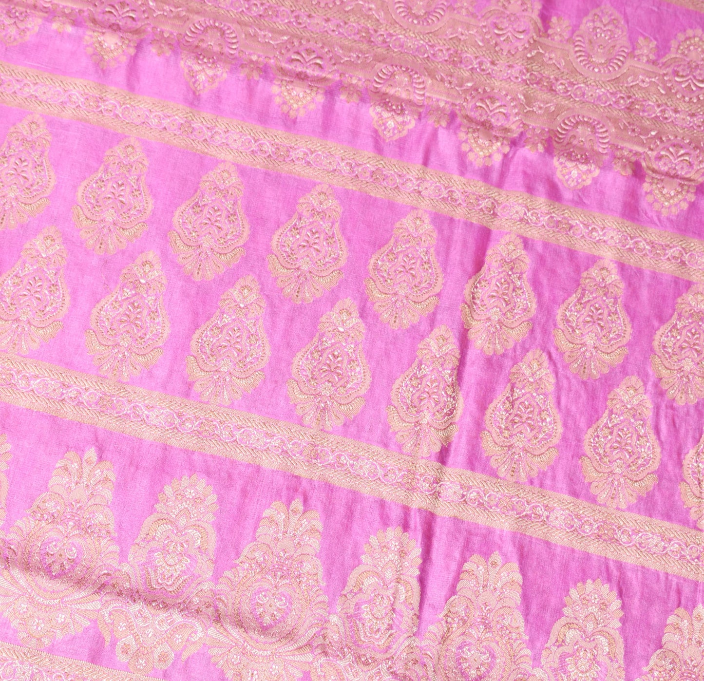 Sushila Vintage Fuchsia Pink Saree Pure Tussar Silk Floral Woven Sari Fabric