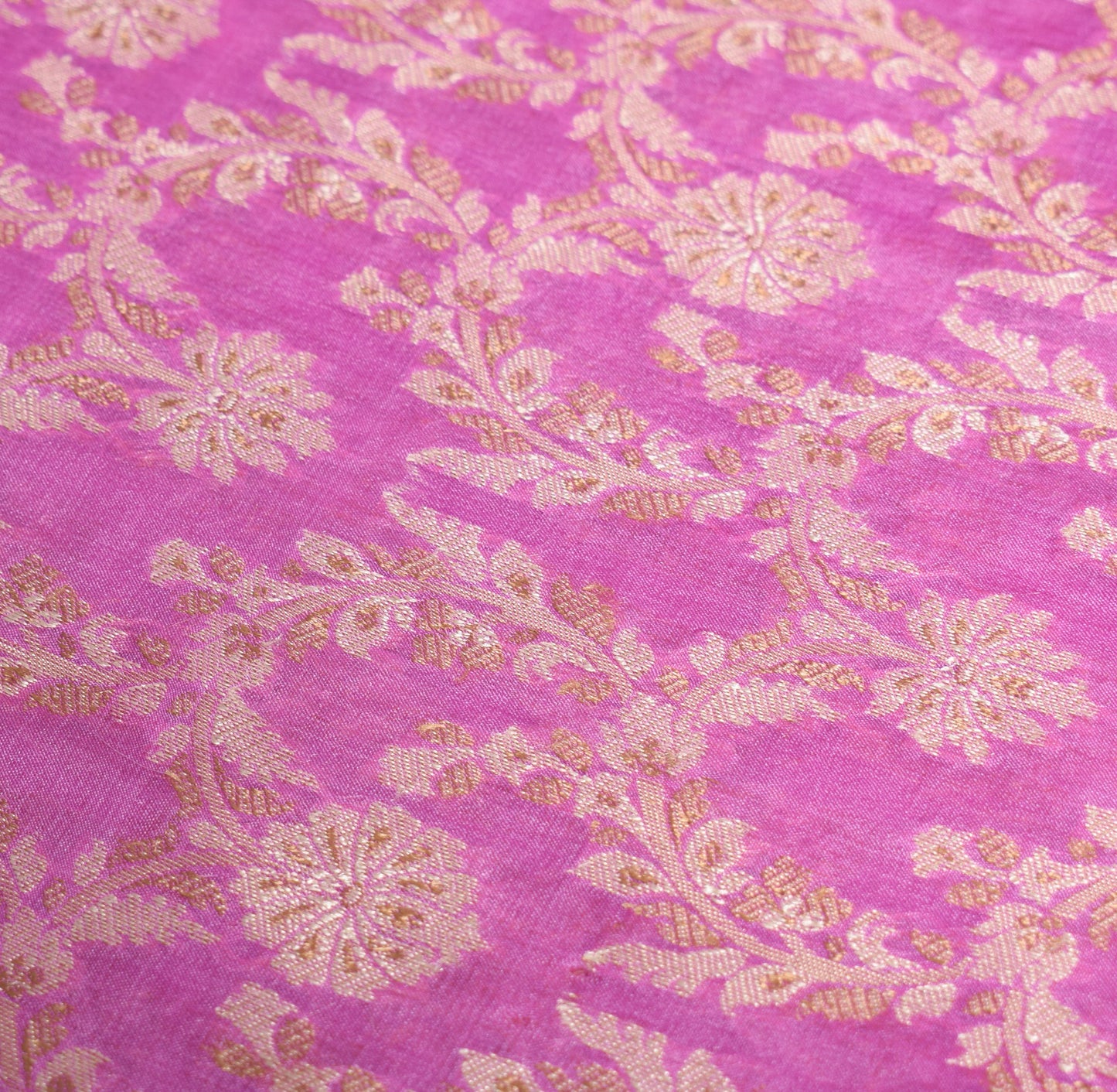 Sushila Vintage Fuchsia Pink Saree Pure Tussar Silk Floral Woven Sari Fabric