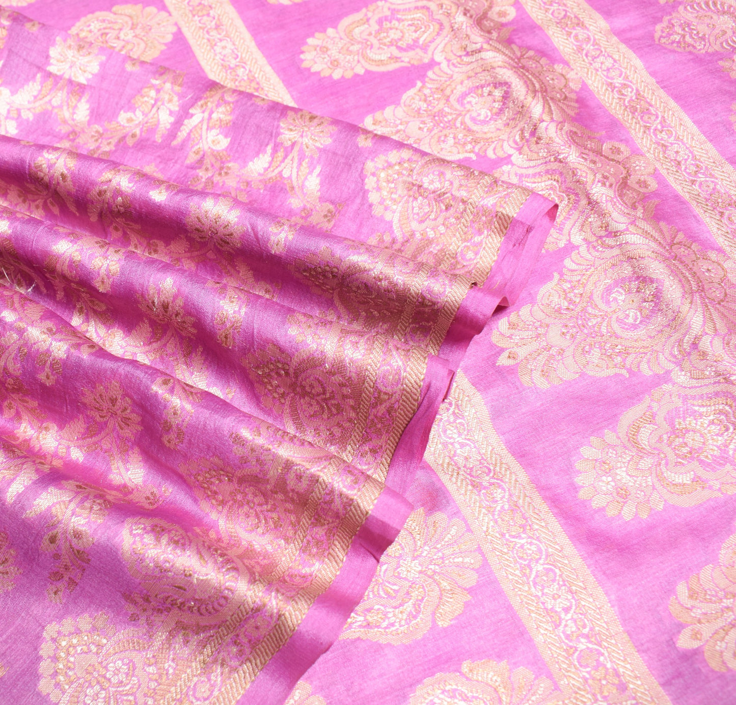 Sushila Vintage Fuchsia Pink Saree Pure Tussar Silk Floral Woven Sari Fabric