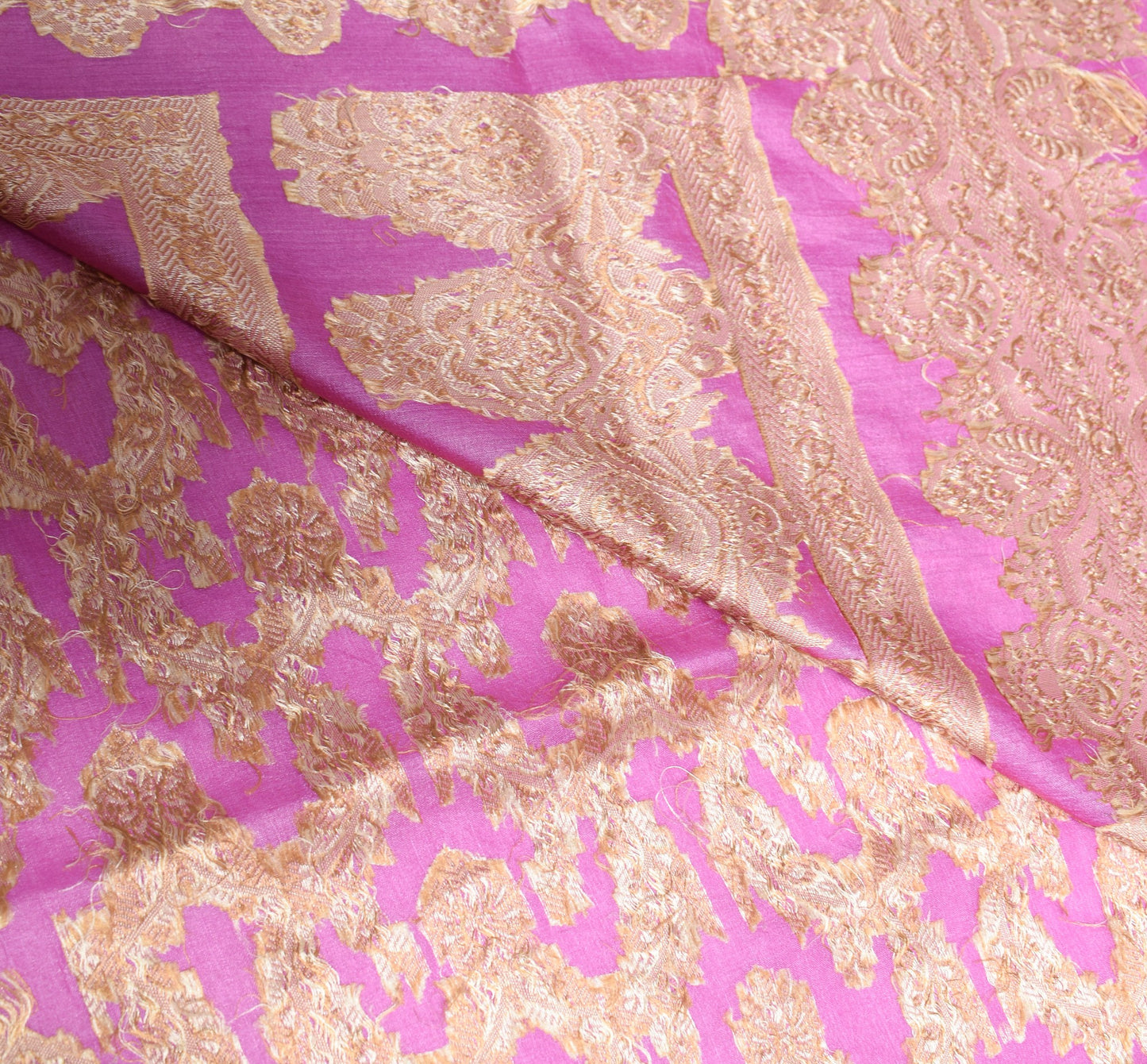 Sushila Vintage Fuchsia Pink Saree Pure Tussar Silk Floral Woven Sari Fabric