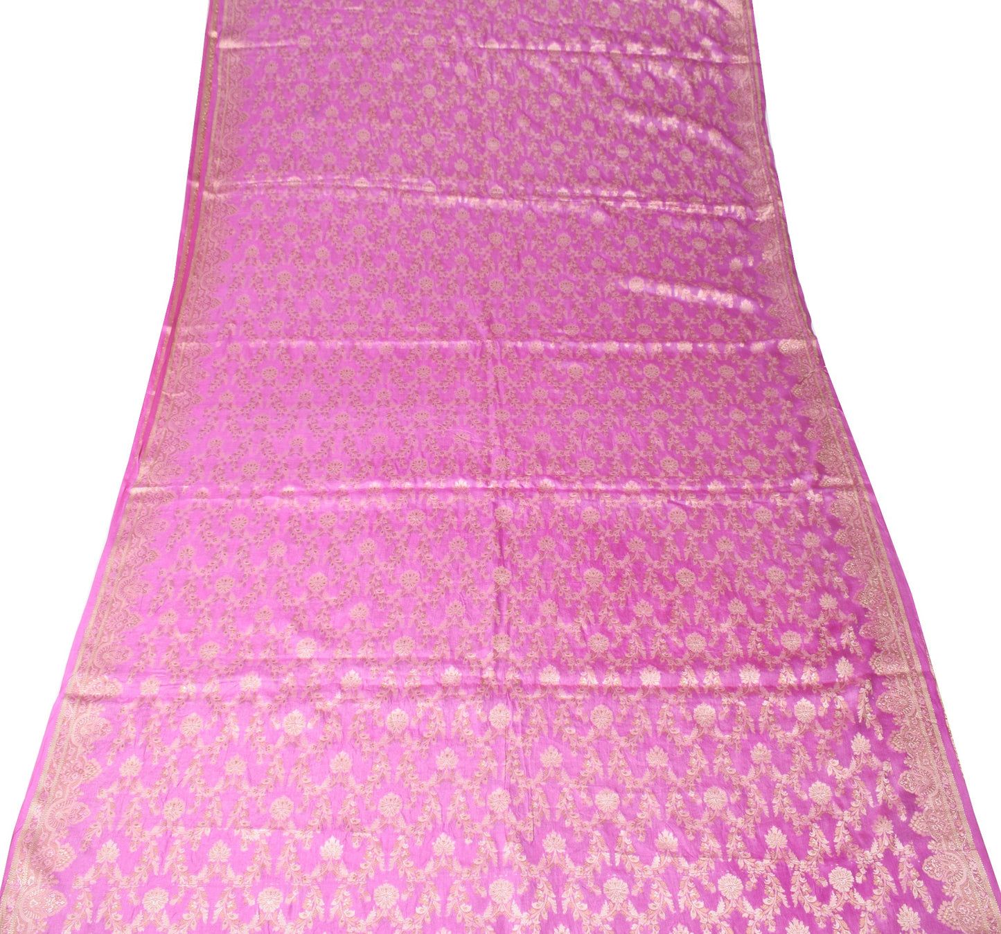 Sushila Vintage Fuchsia Pink Saree Pure Tussar Silk Floral Woven Sari Fabric