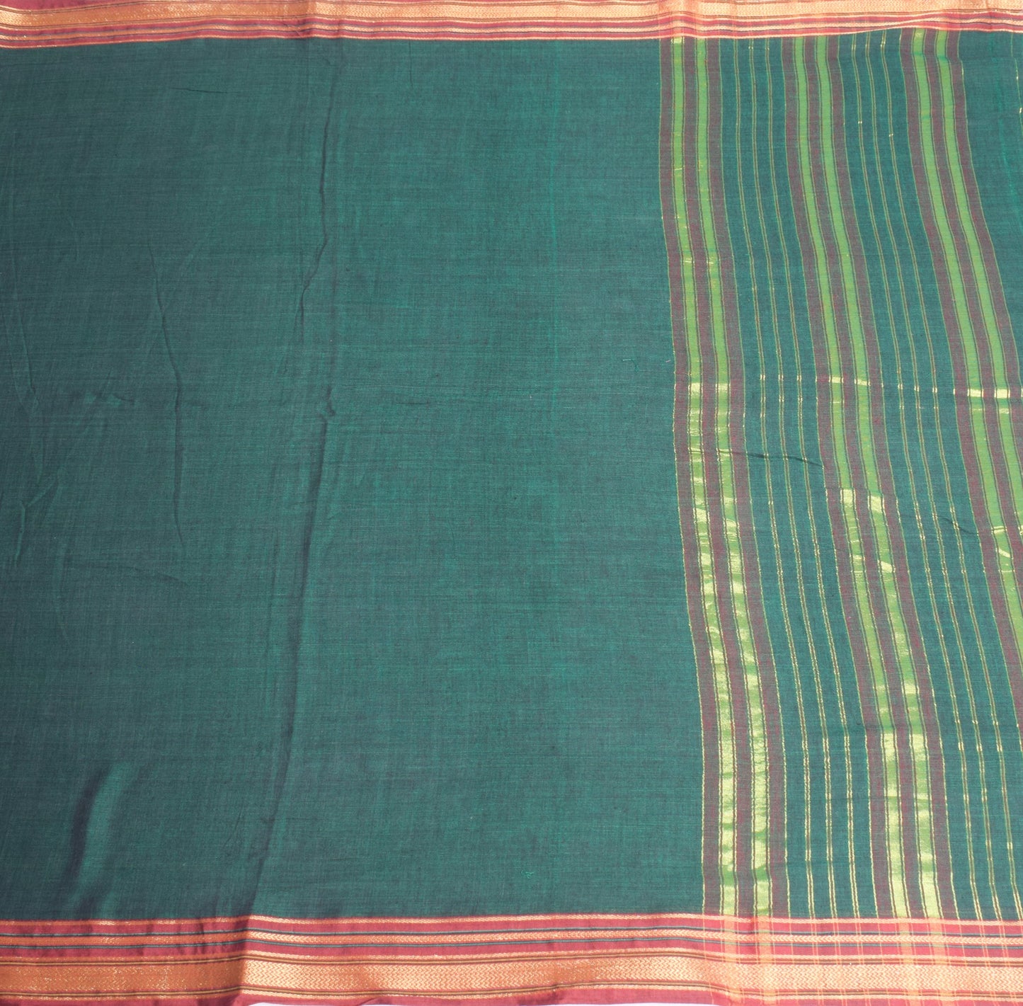 Sushila Vintage Dark Green Saree with Maroon Woven Border PureCotton Sari Fabric
