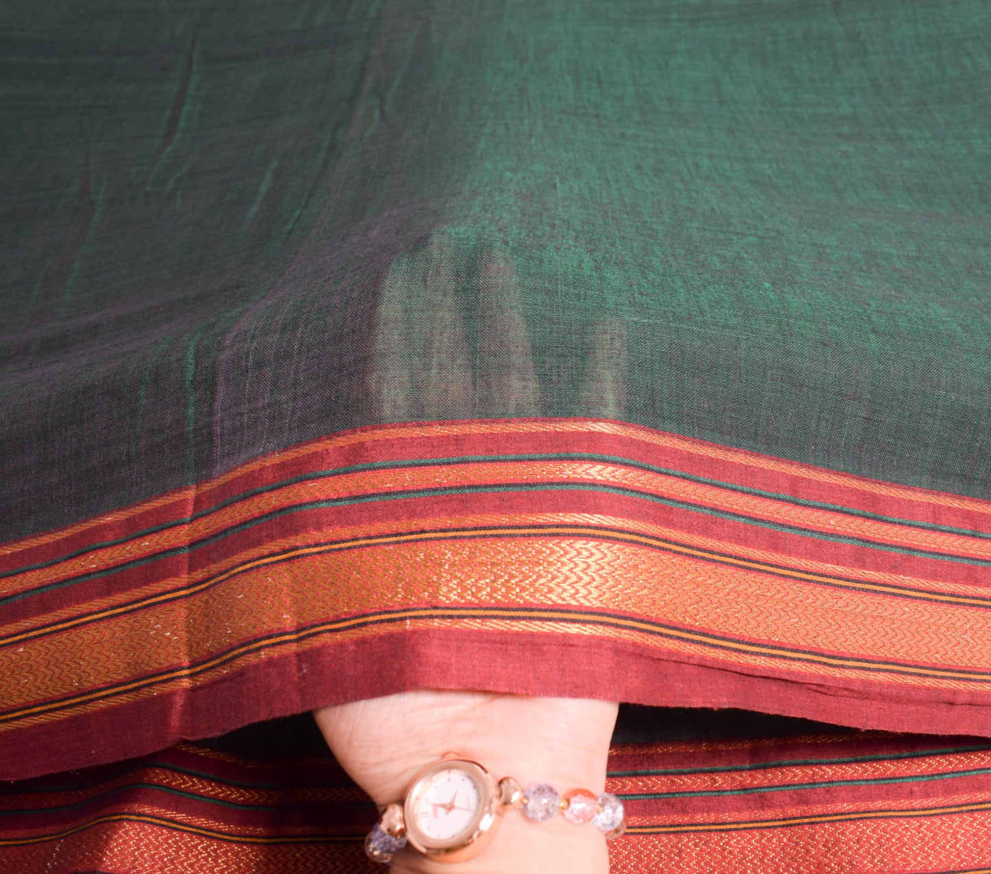 Sushila Vintage Dark Green Saree with Maroon Woven Border PureCotton Sari Fabric