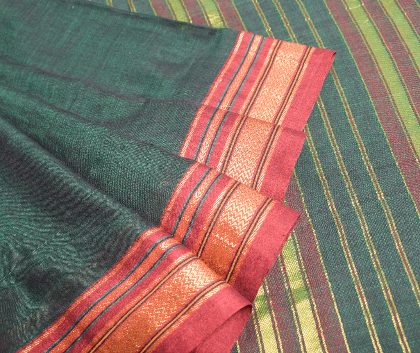 Sushila Vintage Dark Green Saree with Maroon Woven Border PureCotton Sari Fabric
