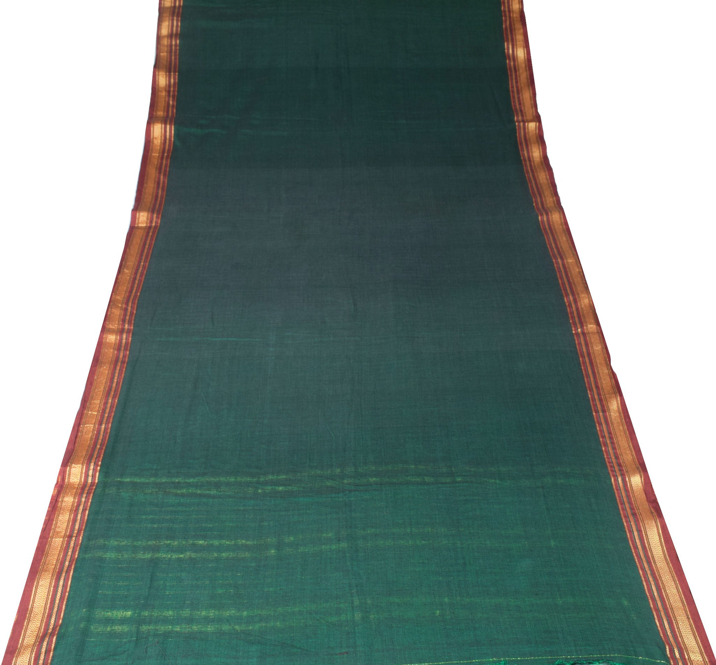 Sushila Vintage Dark Green Saree with Maroon Woven Border PureCotton Sari Fabric