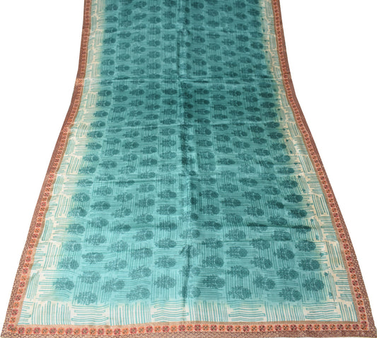 Sushila Vintage Teal Green Saree Pure Tusser Silk Patch Work & Print Sari Fabric