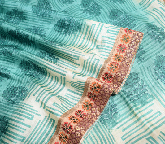 Sushila Vintage Teal Green Saree Pure Tusser Silk Patch Work & Print Sari Fabric