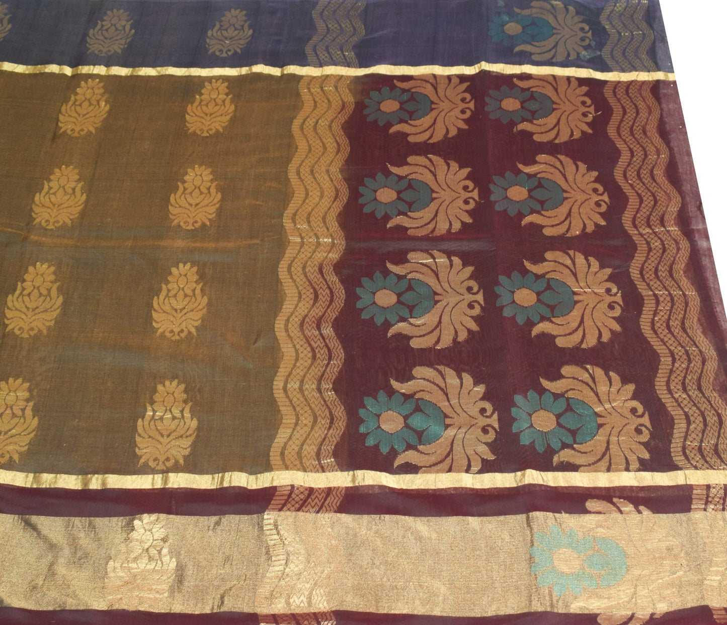 Sushila Vintage Zari Woven Premium Saree Pure Cotton Silk Dual Tone Sari Fabric