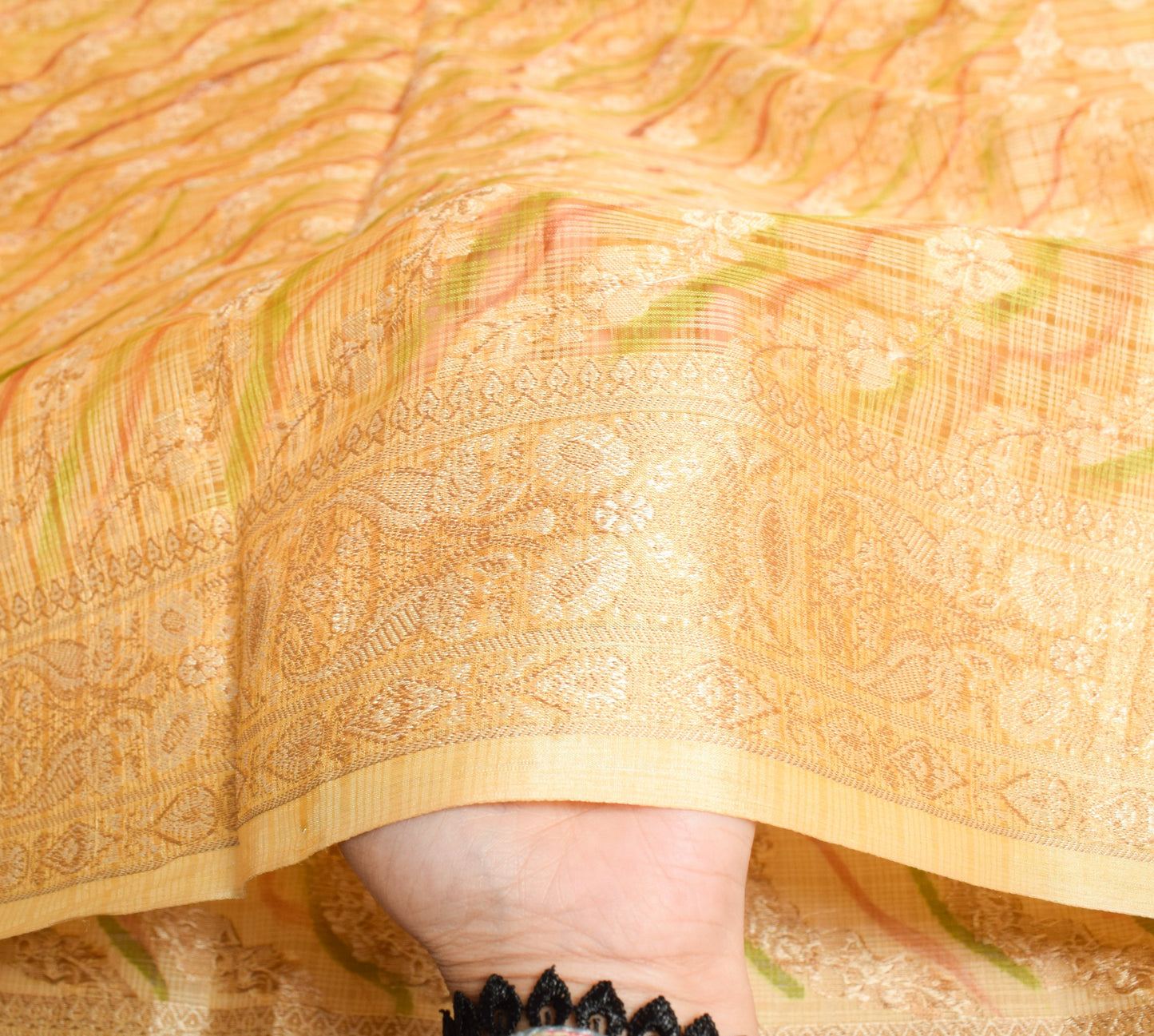 Sushila Vintage Yellow Floral Saree All Over Woven Pure Silk Soft Sari Fabric