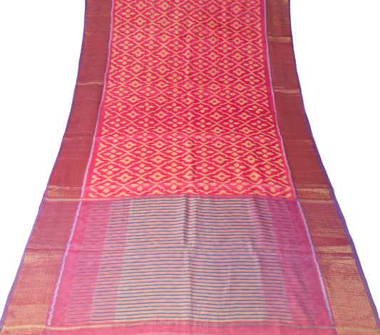 Sushila Vintage Hand Woven Saree Pure Cotton Silk Magenta Pochampally Ikat Sari