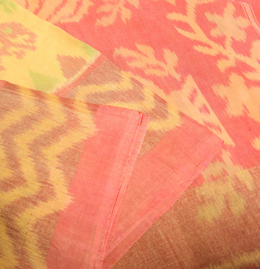 Sushila Vintage Yellow Saree Hand Woven Ikat Patola Pure Cotton Silk Sari Fabric