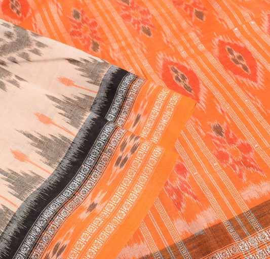 Sushila Vintage Cream Hand Woven Sari Handloom Pure Cotton Sambalpuri Ikat Saree