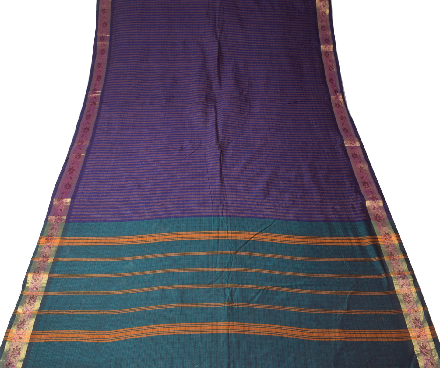 Sushila Vintage Blue Stripes Saree Pure Cotton Silk Handloom Woven Sari Fabric