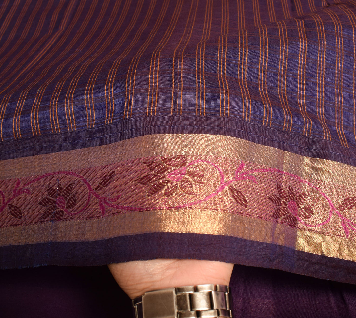 Sushila Vintage Blue Stripes Saree Pure Cotton Silk Handloom Woven Sari Fabric