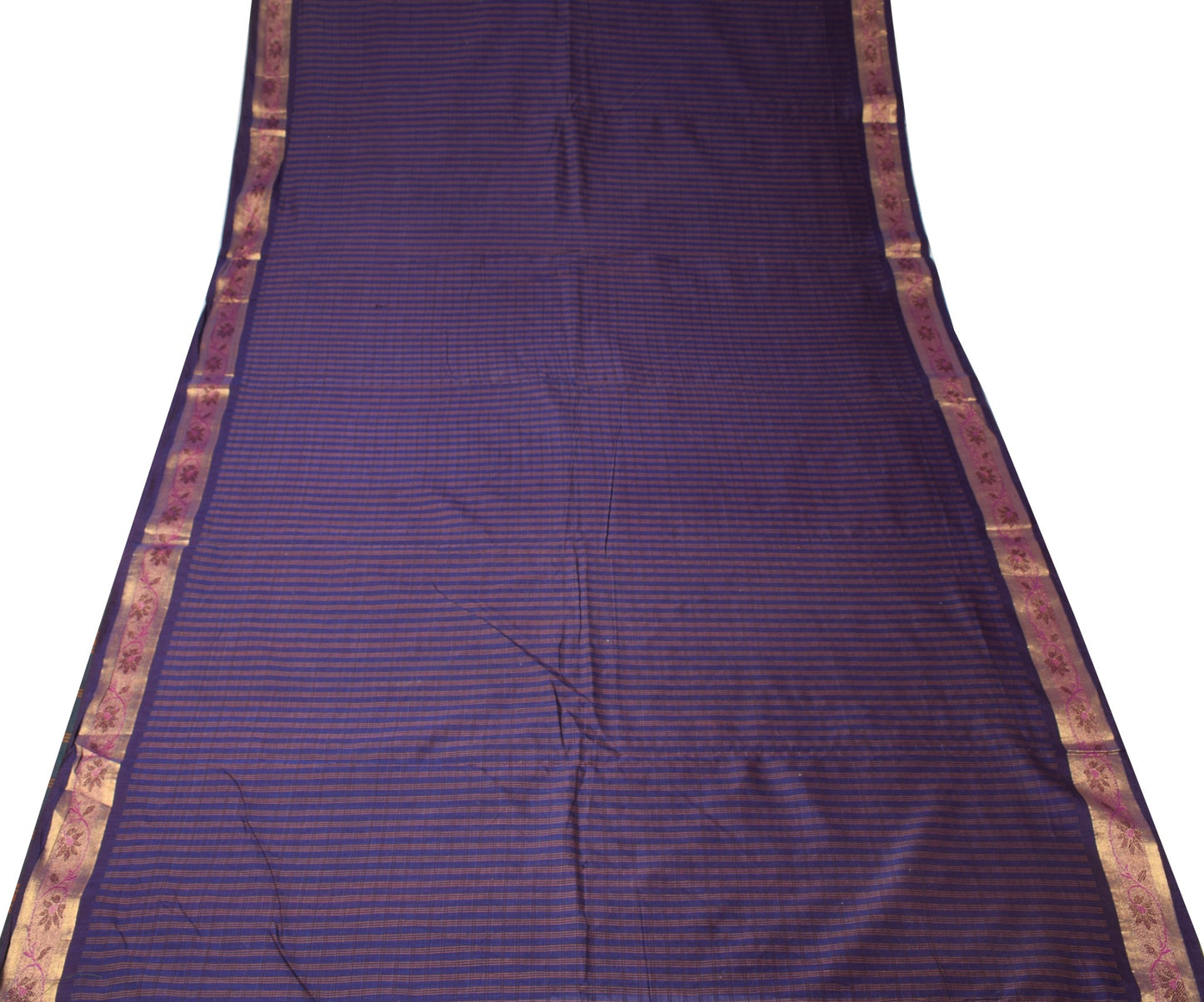 Sushila Vintage Blue Stripes Saree Pure Cotton Silk Handloom Woven Sari Fabric