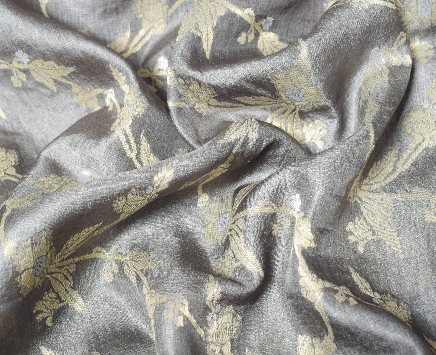 Sushila Vintage Floral Gray Saree Pure Tussar Silk Woven 6Yard Sari Craft Fabric