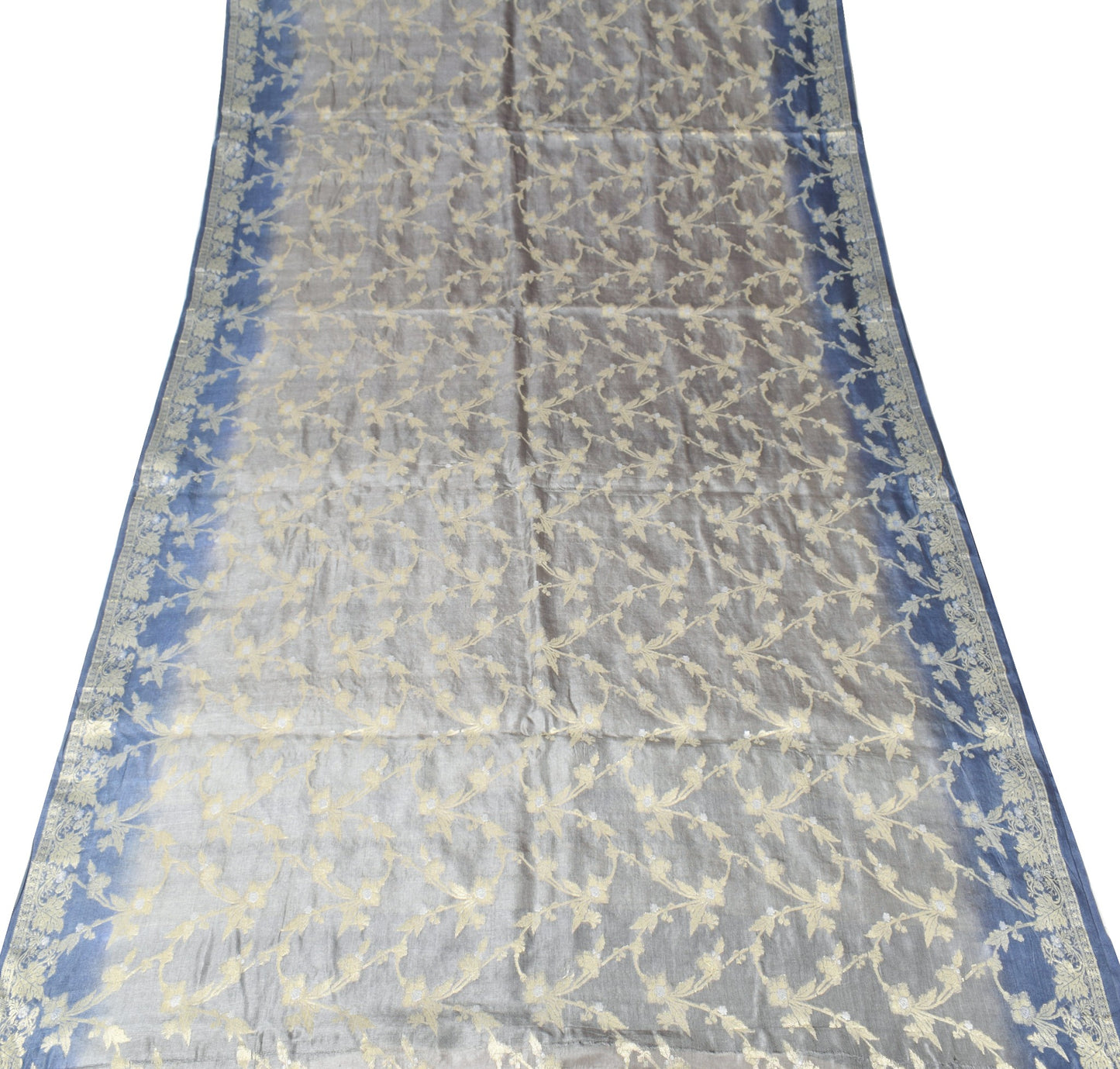 Sushila Vintage Floral Gray Saree Pure Tussar Silk Woven 6Yard Sari Craft Fabric