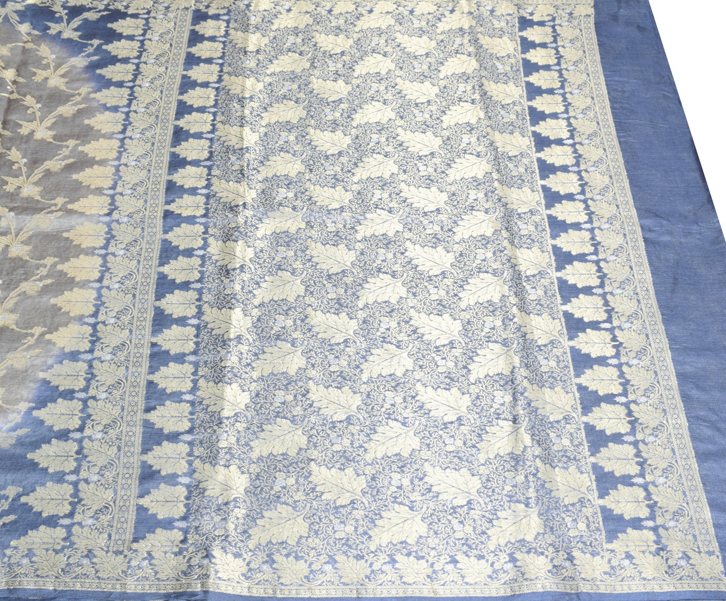 Sushila Vintage Floral Gray Saree Pure Tussar Silk Woven 6Yard Sari Craft Fabric