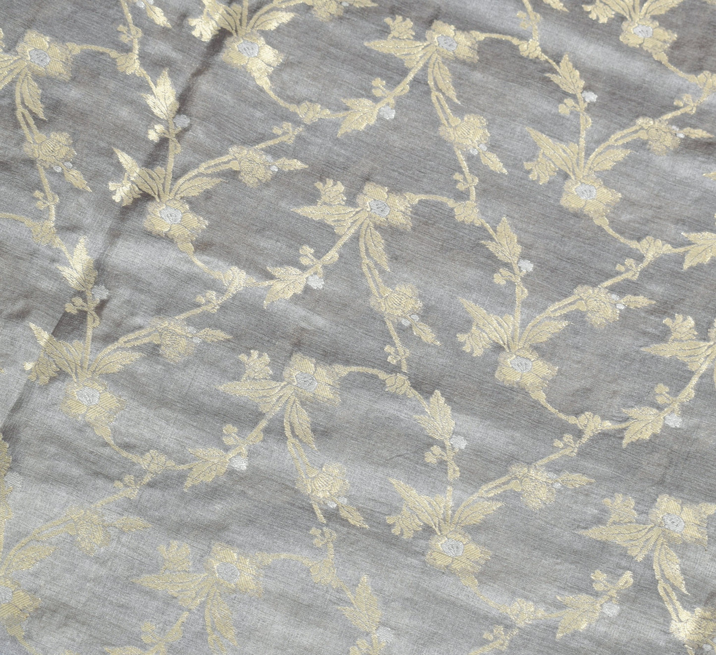Sushila Vintage Floral Gray Saree Pure Tussar Silk Woven 6Yard Sari Craft Fabric
