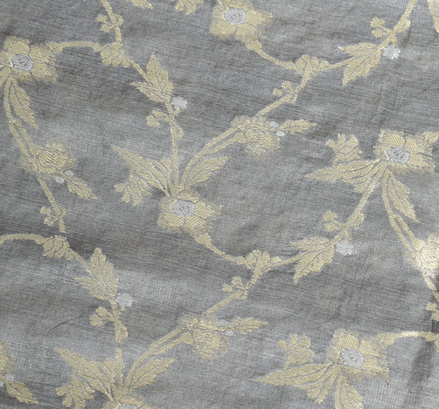 Sushila Vintage Floral Gray Saree Pure Tussar Silk Woven 6Yard Sari Craft Fabric