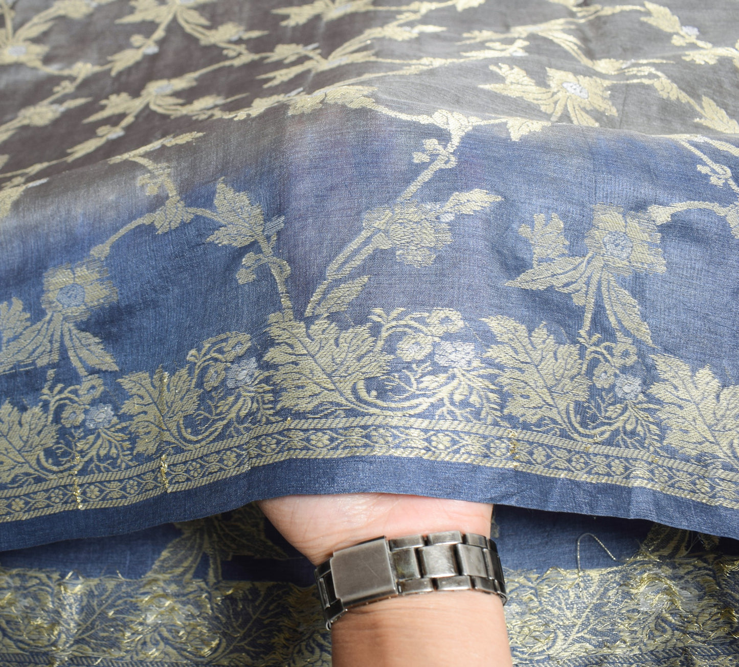 Sushila Vintage Floral Gray Saree Pure Tussar Silk Woven 6Yard Sari Craft Fabric