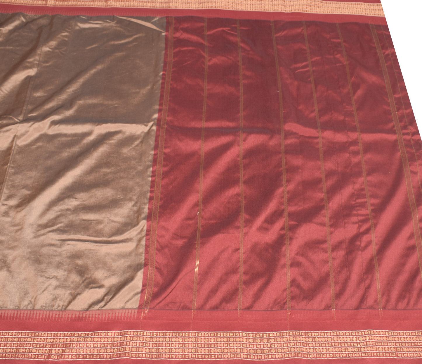 Sushila Vintage Brown Saree Maroon Rudraksh Border Pure Silk Woven Sari Fabric