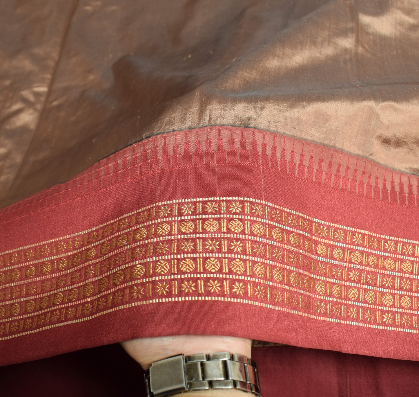 Sushila Vintage Brown Saree Maroon Rudraksh Border Pure Silk Woven Sari Fabric