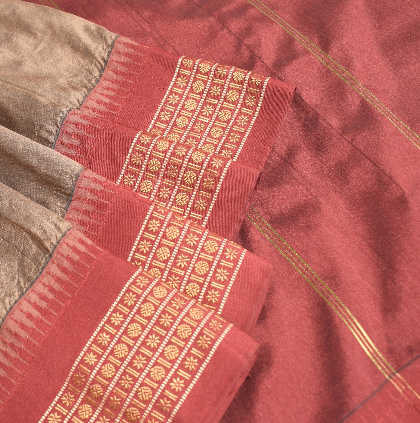 Sushila Vintage Brown Saree Maroon Rudraksh Border Pure Silk Woven Sari Fabric