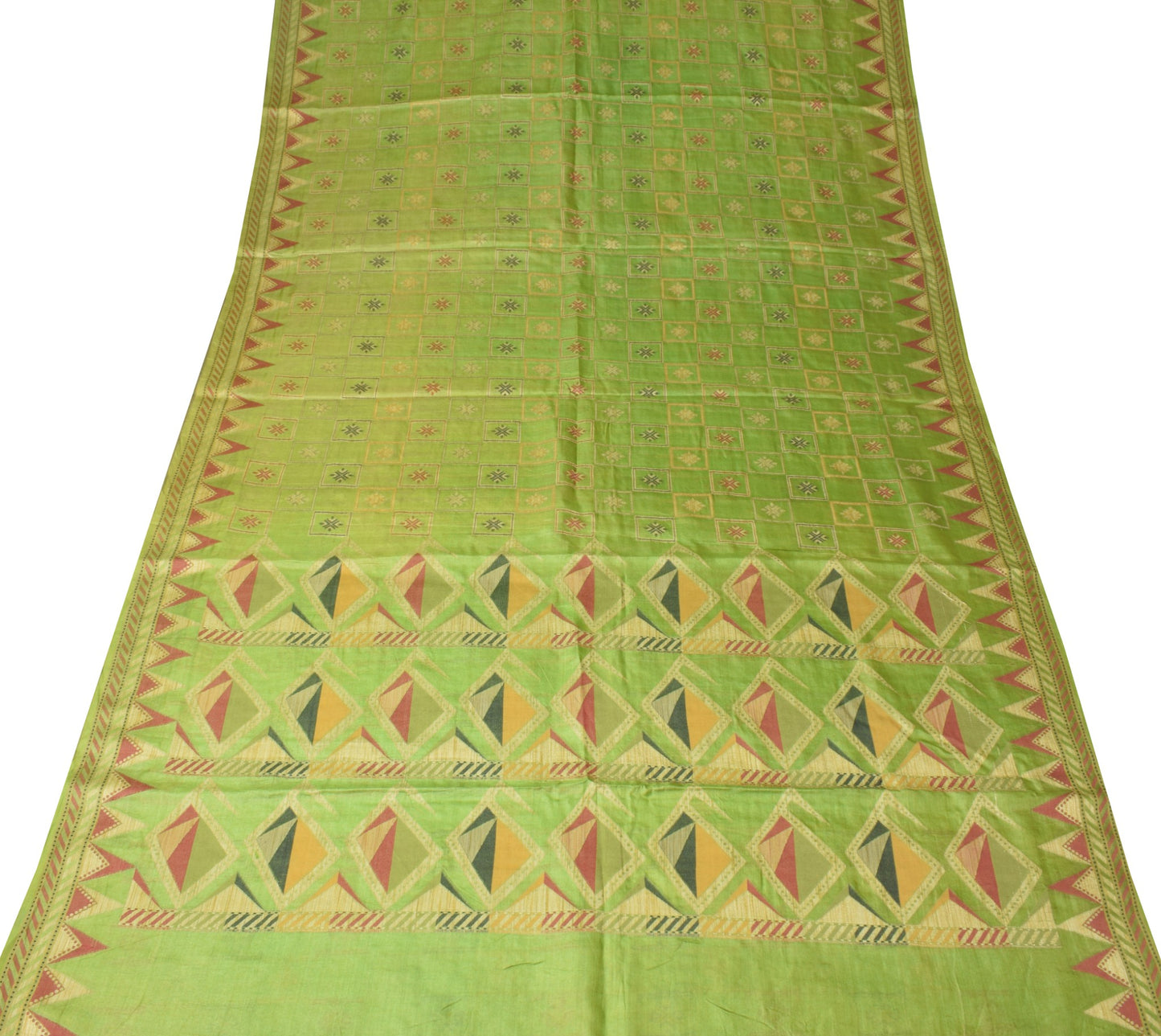 Sushila Vintage Green Saree 100% Pure Tussar Silk Geometrical Woven Sari Fabric