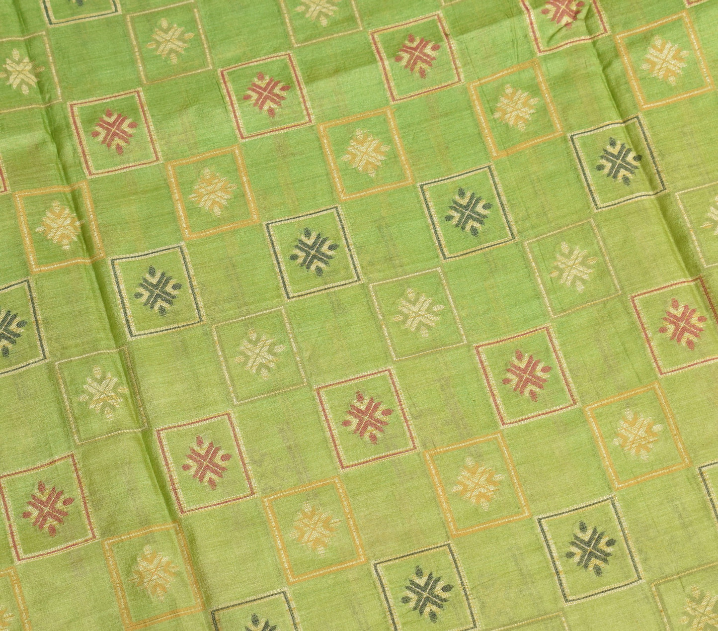 Sushila Vintage Green Saree 100% Pure Tussar Silk Geometrical Woven Sari Fabric