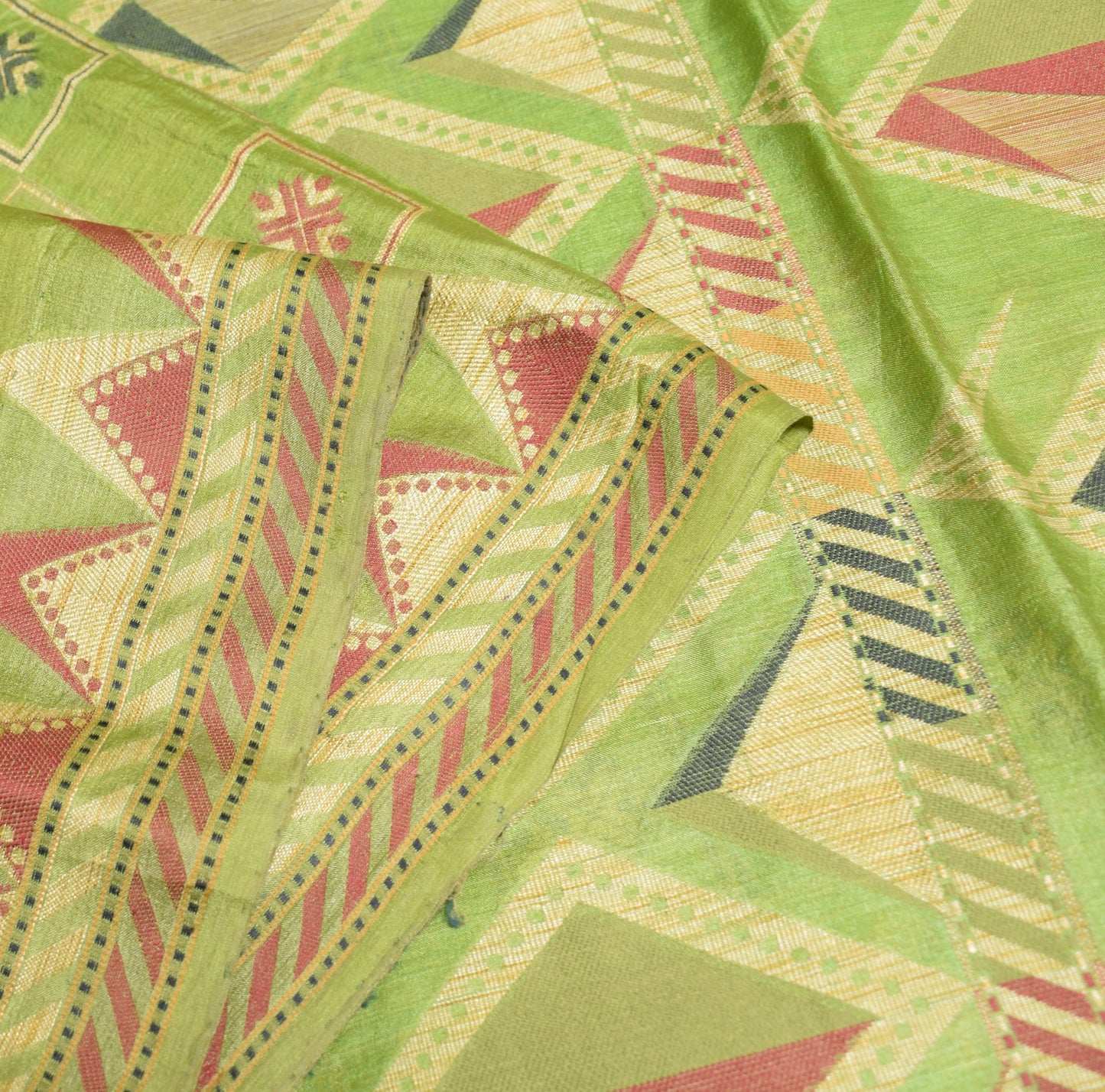 Sushila Vintage Green Saree 100% Pure Tussar Silk Geometrical Woven Sari Fabric
