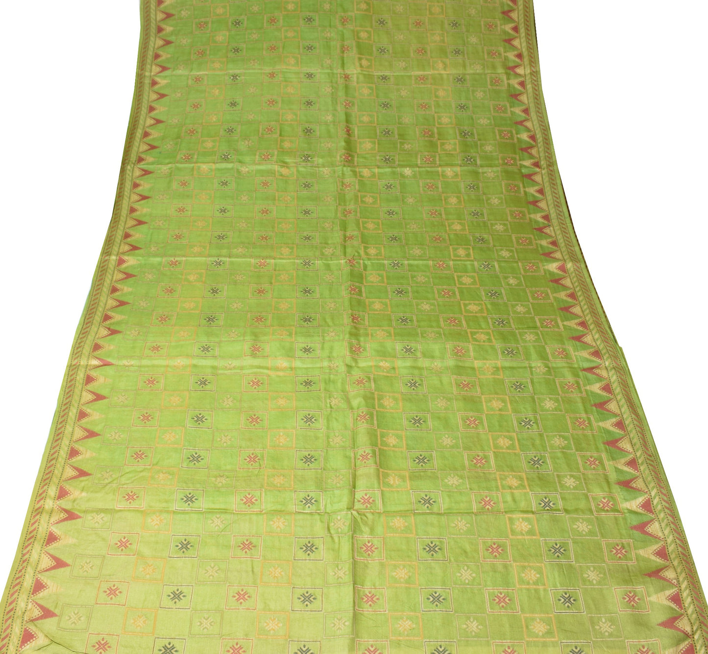 Sushila Vintage Green Saree 100% Pure Tussar Silk Geometrical Woven Sari Fabric