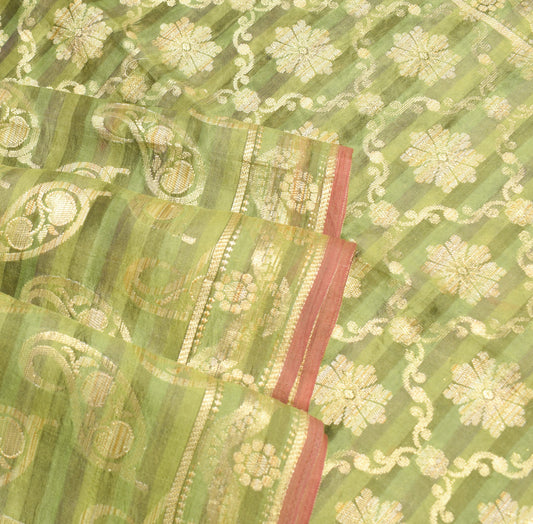 Sushila Vintage Paisley Green Saree All Over Woven Pure Tussar Silk Sari Fabric