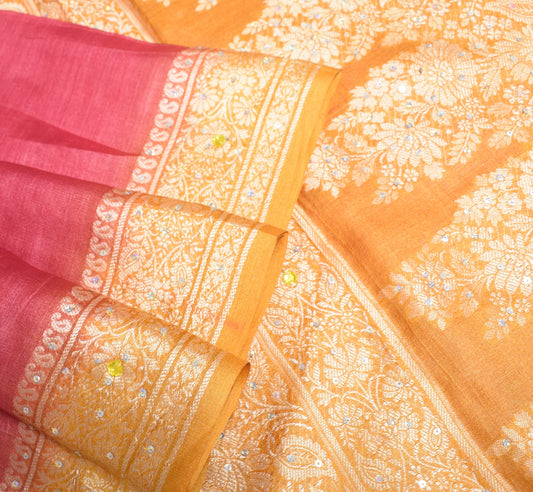 Sushila Vintage Dark Pink Saree Floral Woven Embroidered Pure Tussar Sari Fabric