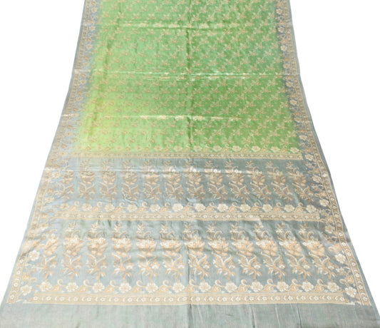 Sushila Vintage Green & Gray Saree Floral Woven 100%Pure Tussar Silk Sari Fabric