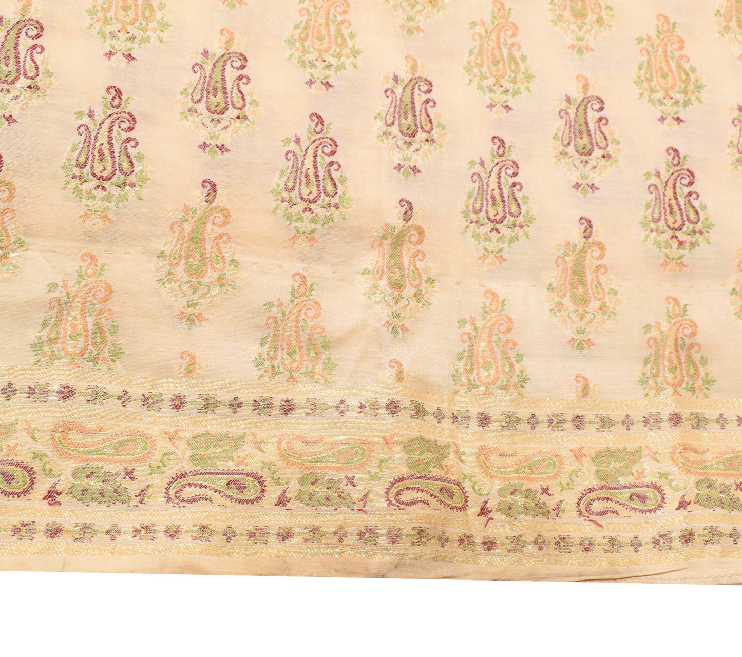 Sushila Vintage HEAVY Cream Saree Pure Tussar Silk Paisley Woven 5YD Sari Fabric